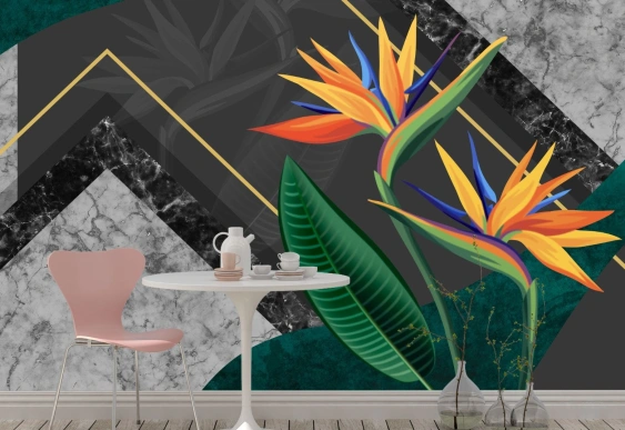 Fototapet Flori și imitatie marmură | tapet decorativ