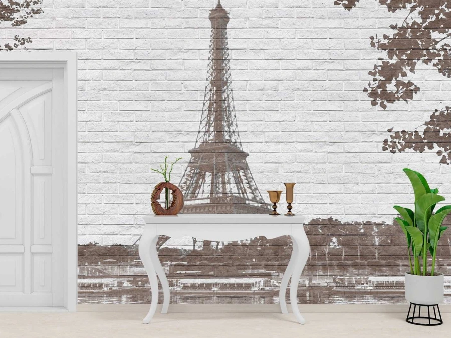 Fototapet retro Paris și cărămidă albă | tapet de perete