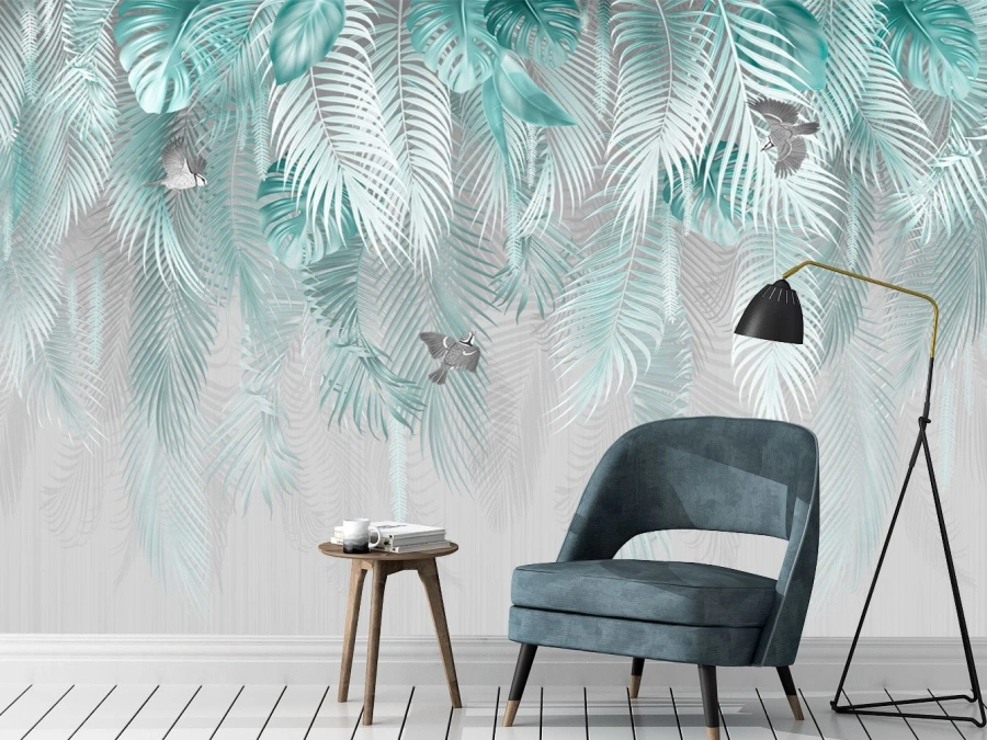 Fototapet Veria, frunze palmier in albastru | tapet bucătărie