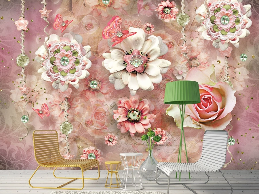 Fototapet flori decorative pe fundal roz | tapet bucătărie