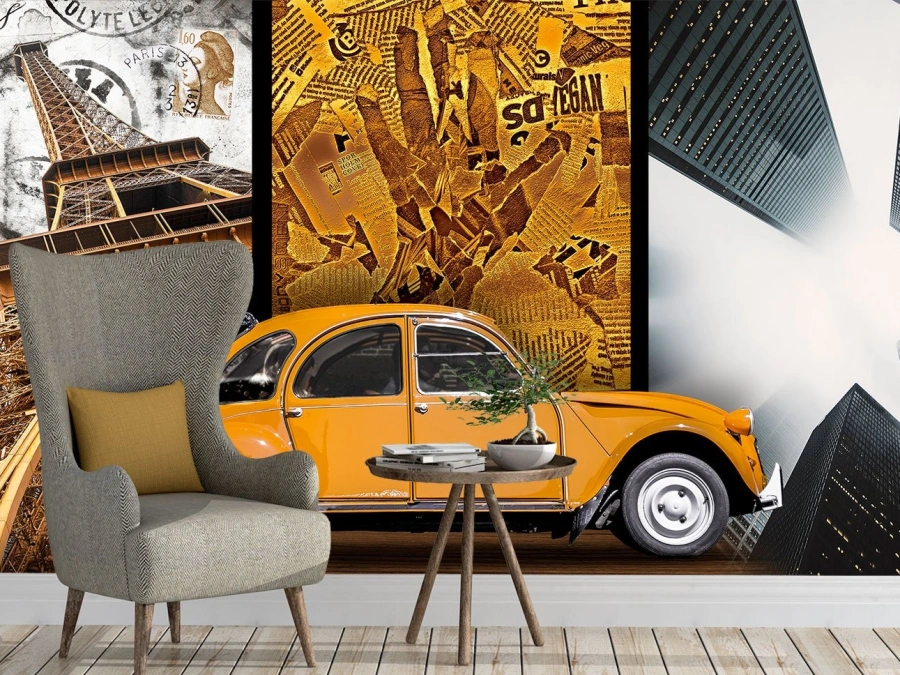 Fototapet Mașină retro, fundal colaj | tapet living