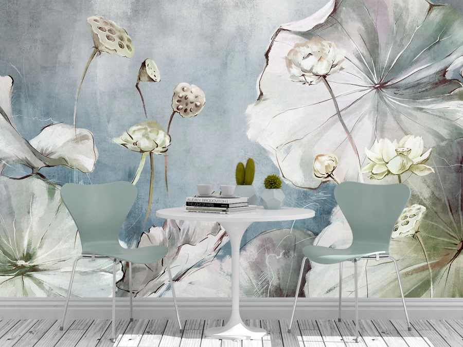 Fototapet flori de lotus pe fundal pastel. Delicatețe artistică și armonie naturală pentru spații elegante