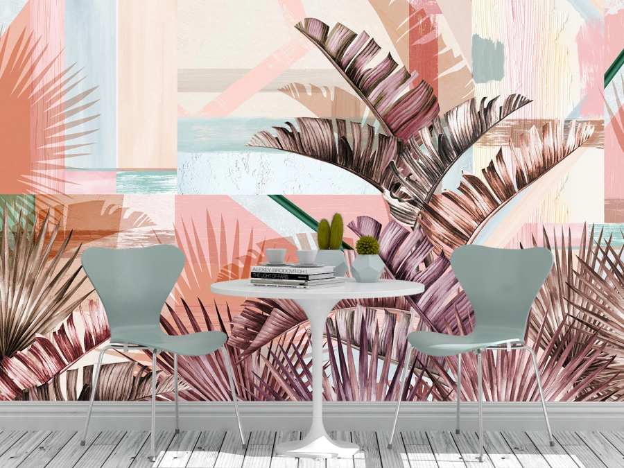 Fototapet frunze tropicale pe fundal pastelat. Tapet vibrant