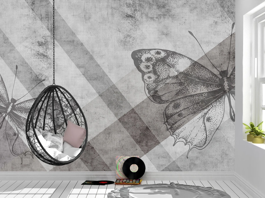 Fototapet fluturi stilizați pe fundal urban. Eleganță monocromă și design artistic pentru interioare moderne