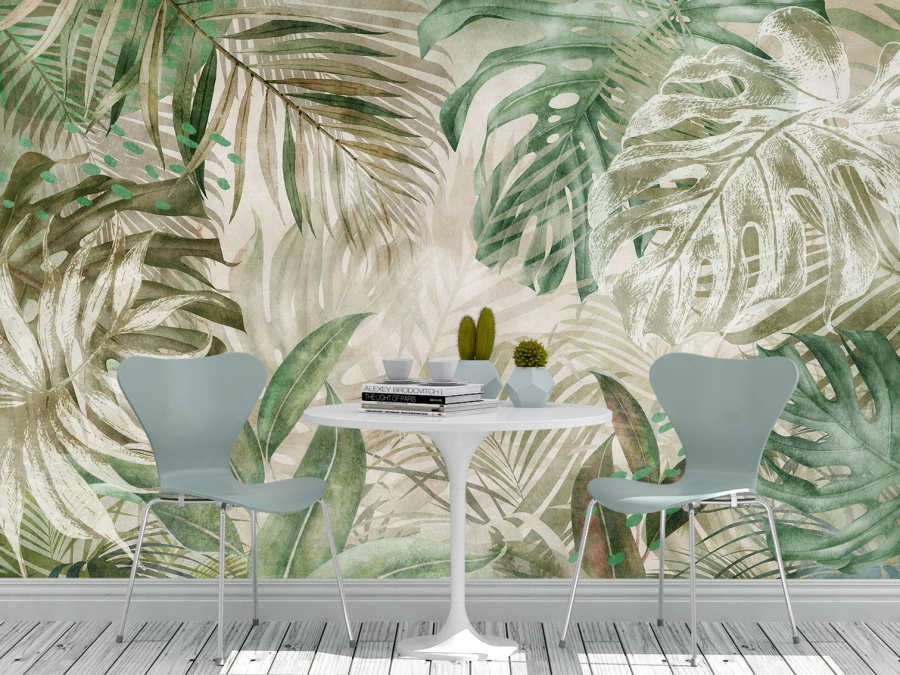 Fototapet frunze tropicale pe fundal acvarelă. Natură vibrantă și prospețime exotică