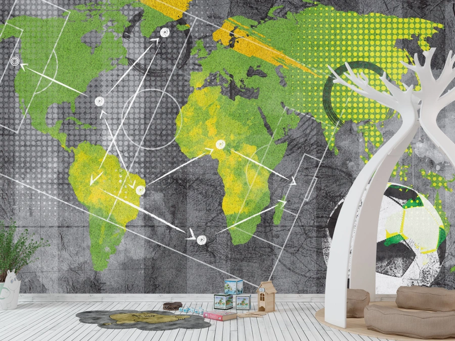 Fototapet strategie fotbalistică pe hartă mondială. Energie și dinamism pentru fanii sportului.