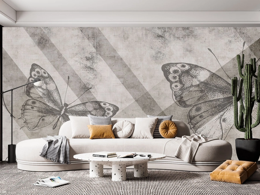 Fototapet fluturi monocrom pe fundal texturat. Artă modernă și eleganț