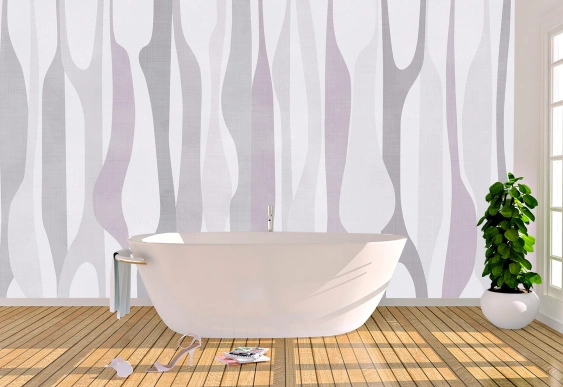 Fototapet cu valuri verticale gri-lila. ✓ Decor elegant pentru baie, living sau spații relaxante