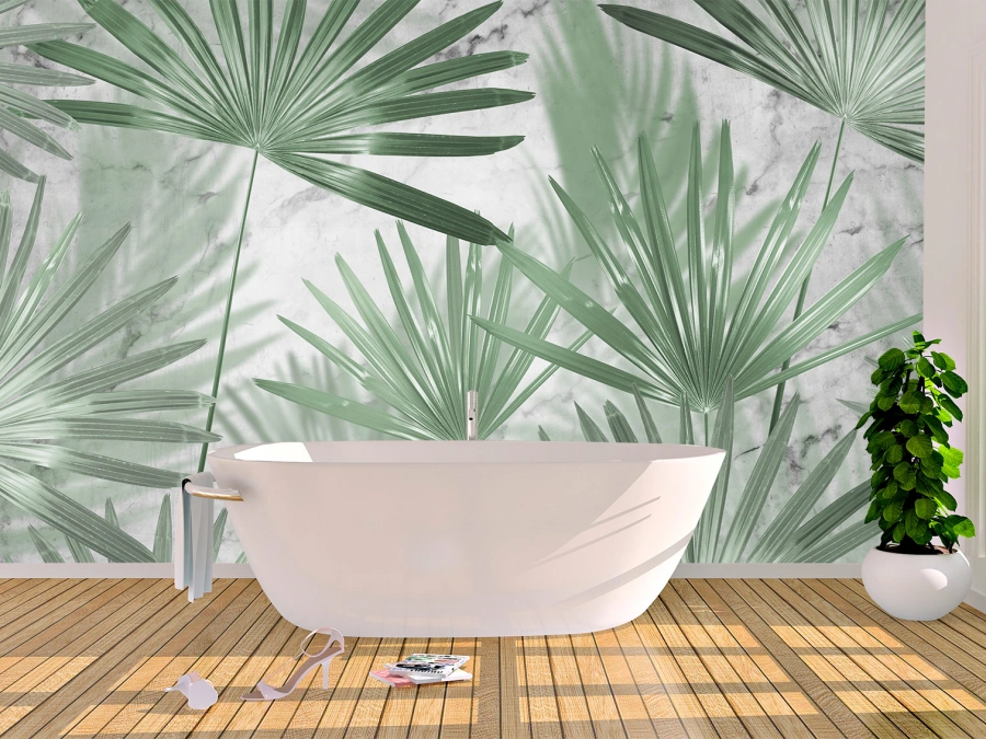 Fototapet cu frunze verzi pe fundal marmorat pentru living sau dormitor.