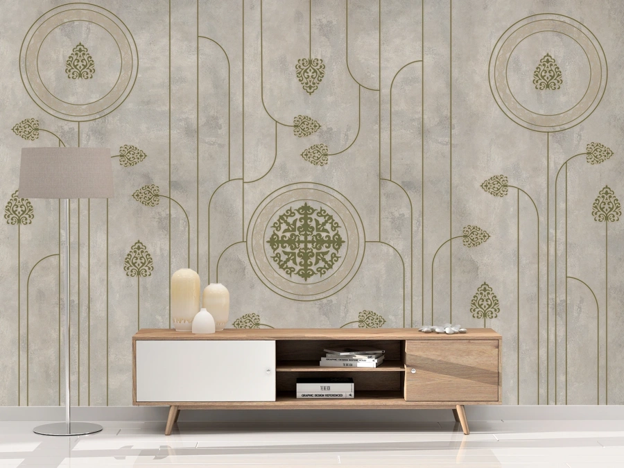 Fototapet elegant cu motive orientale aurii pe fundal gri. ✓ Accente rafinate pentru living sau birou