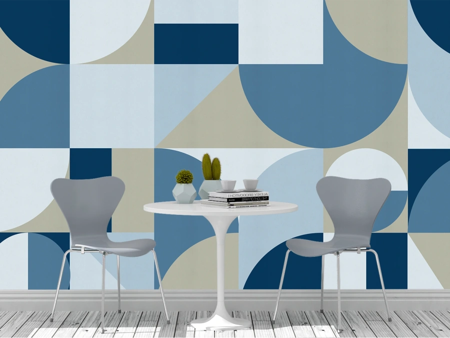 Fototapet geometric elegant în albastru și gri, ideal pentru living, dining sau birou modern.