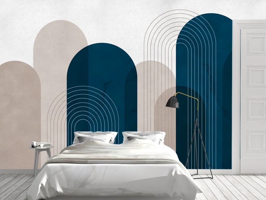 Fototapet modern cu forme geometrice albastre. ✓ Ideal pentru dormitoare minimaliste.