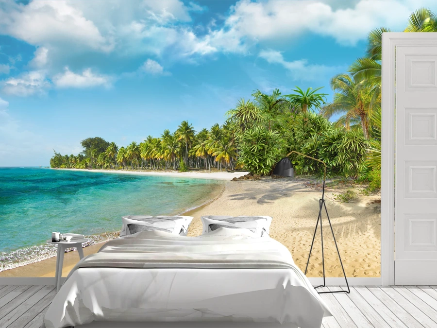 Creează o atmosferă exotică. Tapet. ✅ Fototapet cu plajă tropicală și palmieri, perfect pentru relaxare vizuală.