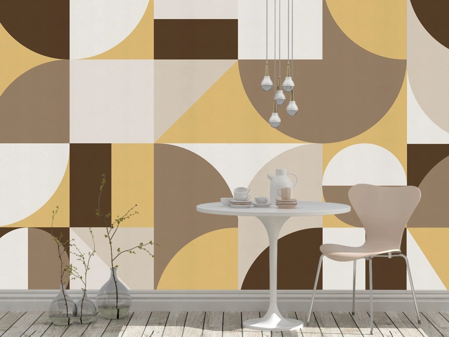 Fototapet geometric în tonuri calde de maro și crem, ideal pentru living, dining sau birou modern.