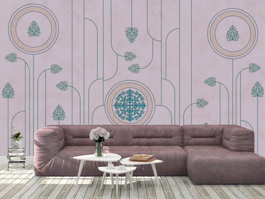 Fototapet elegant cu motive orientale în lila și turcoaz. ✓ Design rafinat pentru living sau birou modern.