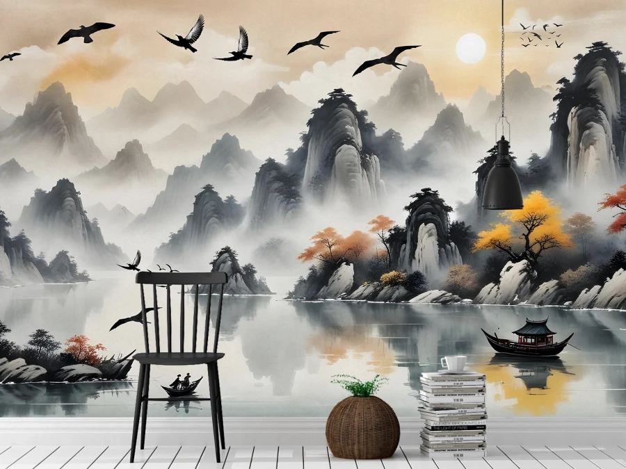 Fototapet cu munți mistici, lac liniștit și păsări în zbor. ✓ Atmosferă zen pentru interiorul tău.