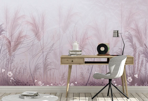 Fototapet elegant cu ierburi și flori roz pastel.