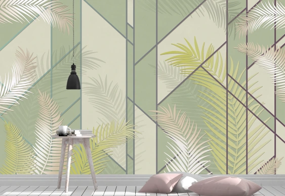 Design tropical cu frunze verde-bej și linii geometrice.