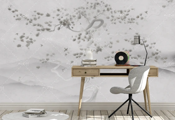 Tapet japonez minimalist cu ramuri fine și peisaj montan