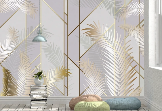 Decor elegant cu frunze tropicale aurii și argintii.