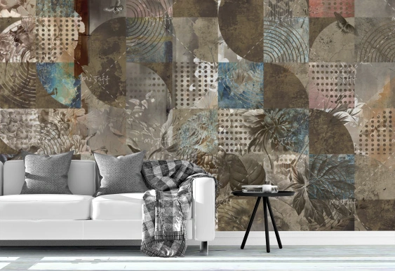 Fototapet artistic colaj cu flori, texturi vintage și accente industriale