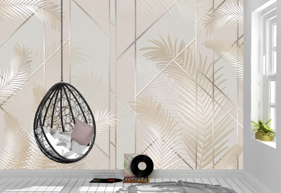 Design modern cu frunze bej și linii geometrice.