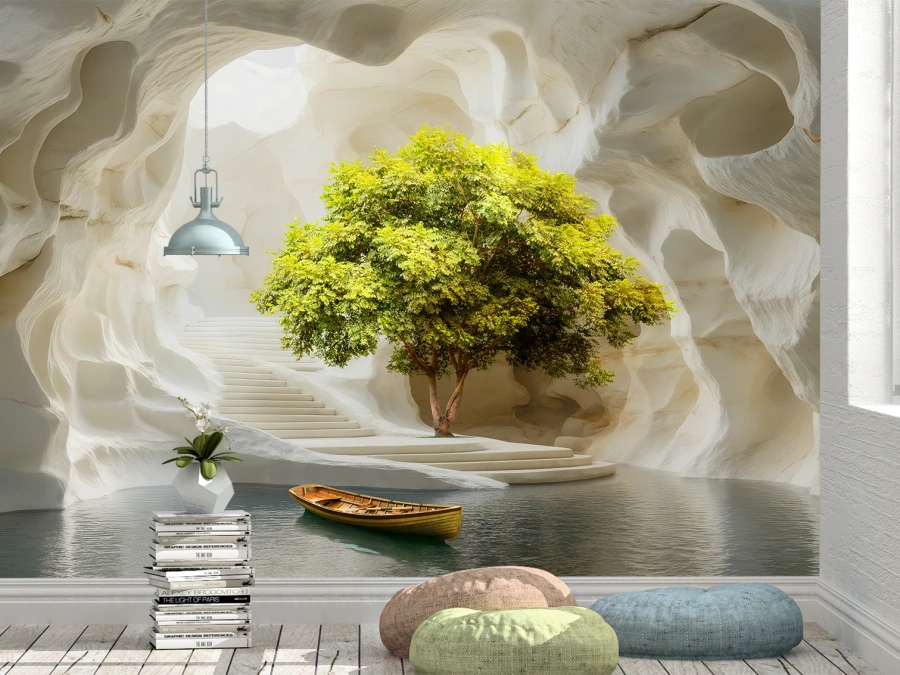 Fototapet 3D uimitor cu grotă, copac verde și apă cristalină. Tapet pe perete.