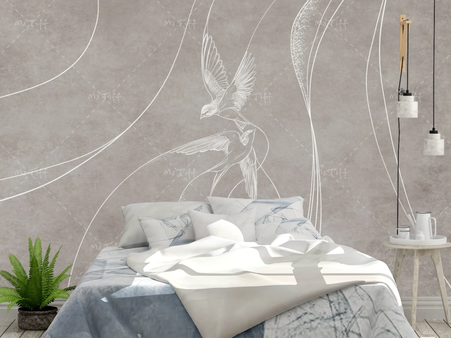 Tapet modern cu păsări albe stilizate pe fundal gri-bej.
