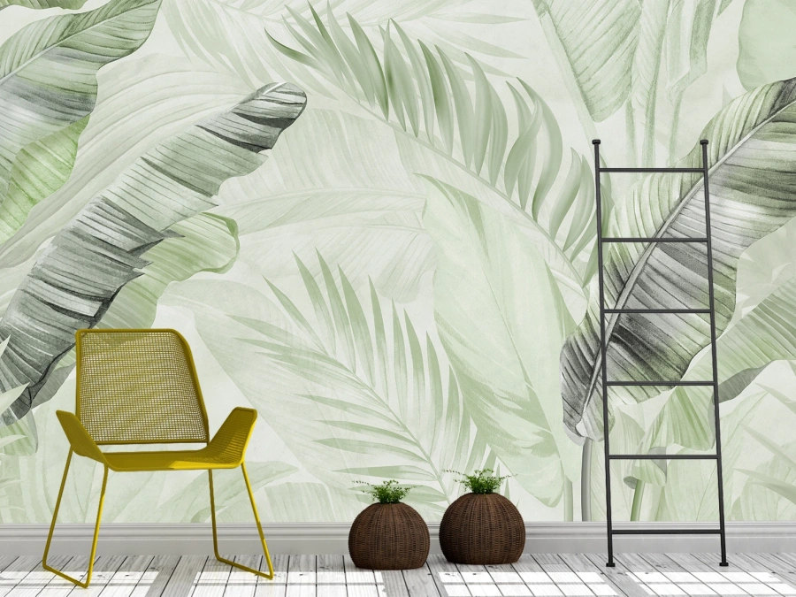 Frunze tropicale în nuanțe verzi delicate. ✓ Creează un decor proaspăt și relaxant pentru living sau dormitor.