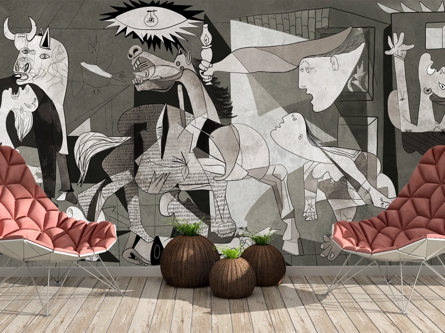 Reproducere fidelă „Guernica” de Pablo Picasso. ✓ Artă modernă monocromă pentru perete accent. tapet modern pe perete.