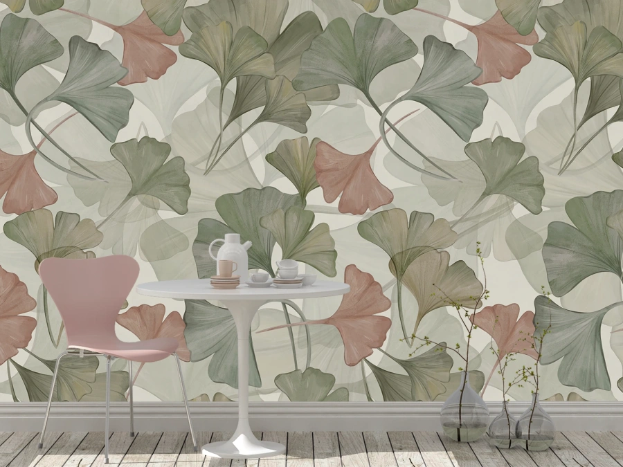 Fototapet elegant cu frunze de ginkgo în nuanțe naturale