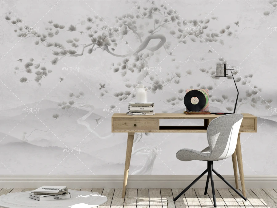 Fototapet japonez minimalist cu ramuri fine și peisaj montan