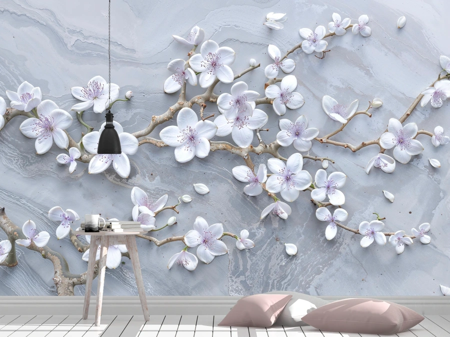 Ramuri cu flori albe delicate pe fundal gri-marmorat. ✓ Eleganță rafinată pentru living, dormitor sau birou.