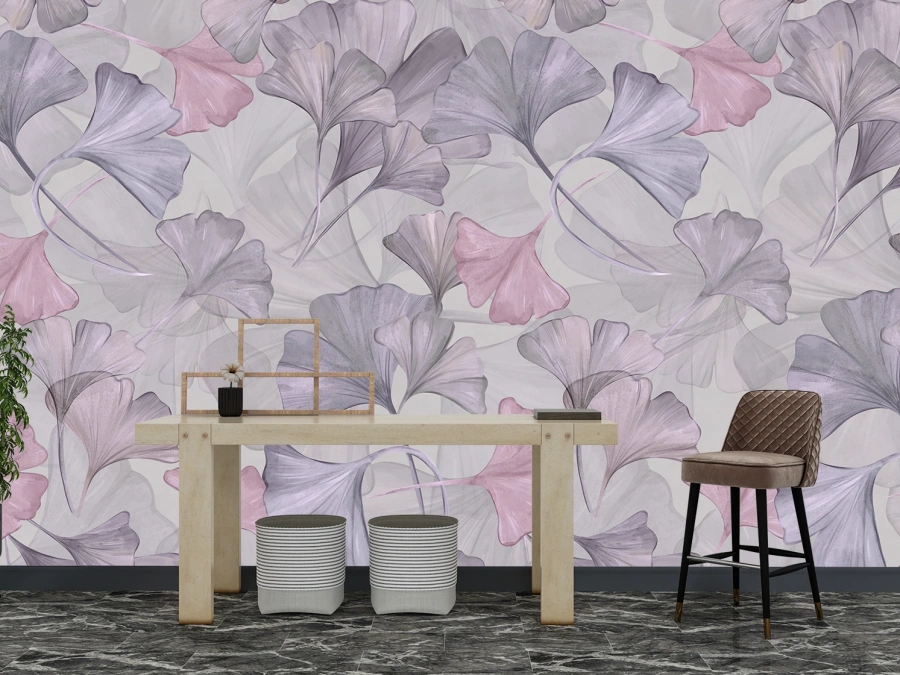 Fototapet elegant cu frunze de ginkgo în tonuri roz și mov pastel.