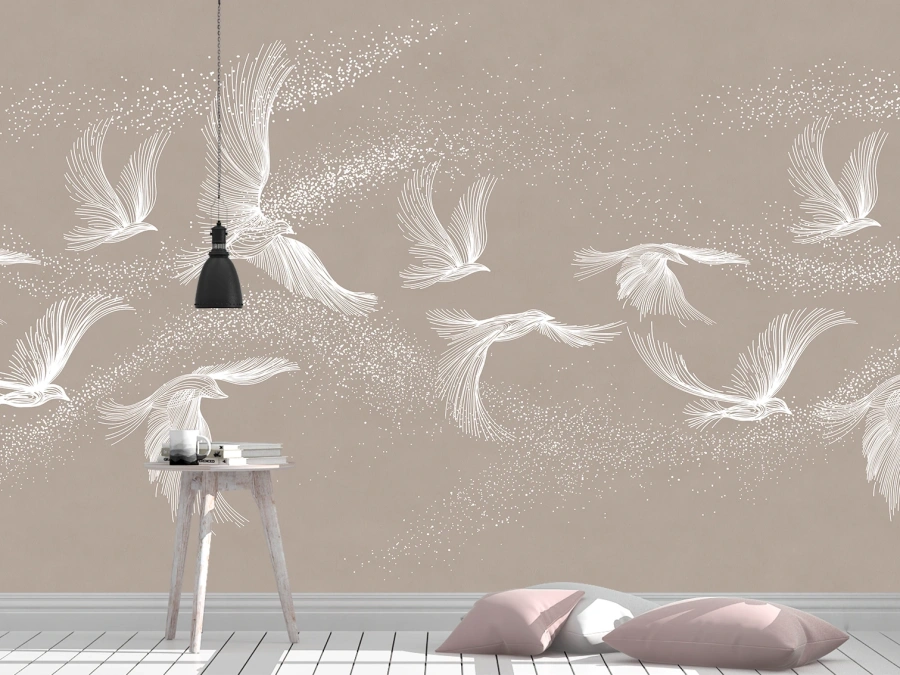 Fototapet bej cu păsări albe stilizate. Tapet pe perete ART DECO