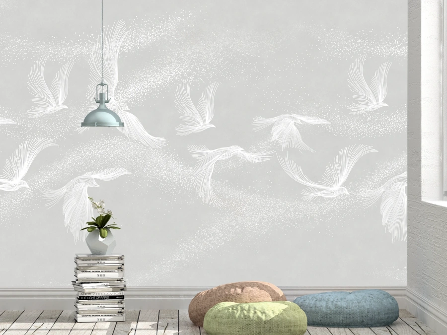 Fototapet modern gri deschis cu păsări albe. Tapet pe perete ART Deco.