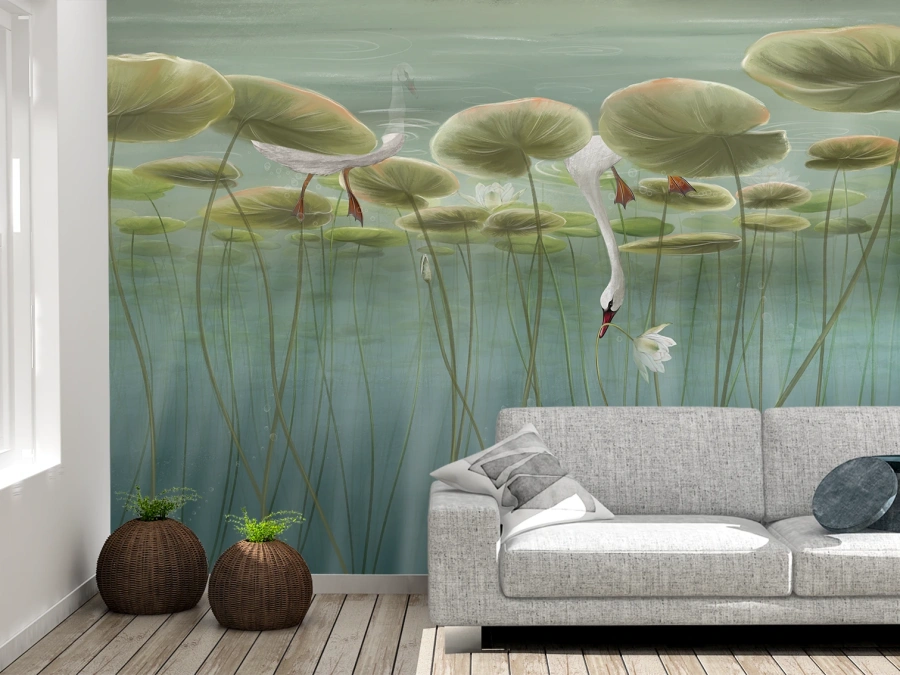 Tapet artistic cu lebede și nuferi, atmosferă acvatică relaxantă.