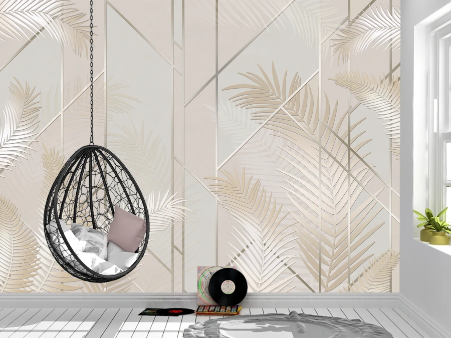 Design modern cu frunze bej și linii geometrice. ✓ Ideal pentru living sau dormitor elegant. Tapet pe perete.
