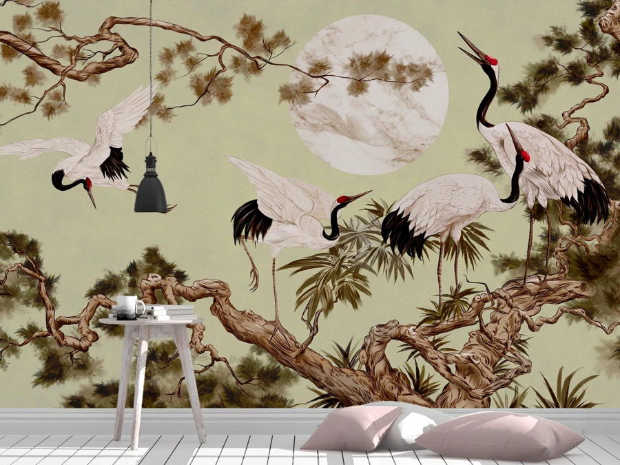 Tapet spectaculos cu cocori și peisaj oriental pe fundal verde.