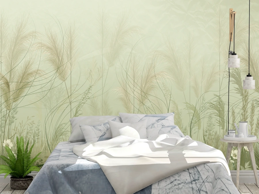 Fototapet elegant cu ierburi verzi. Tapet decorativ pe perete.