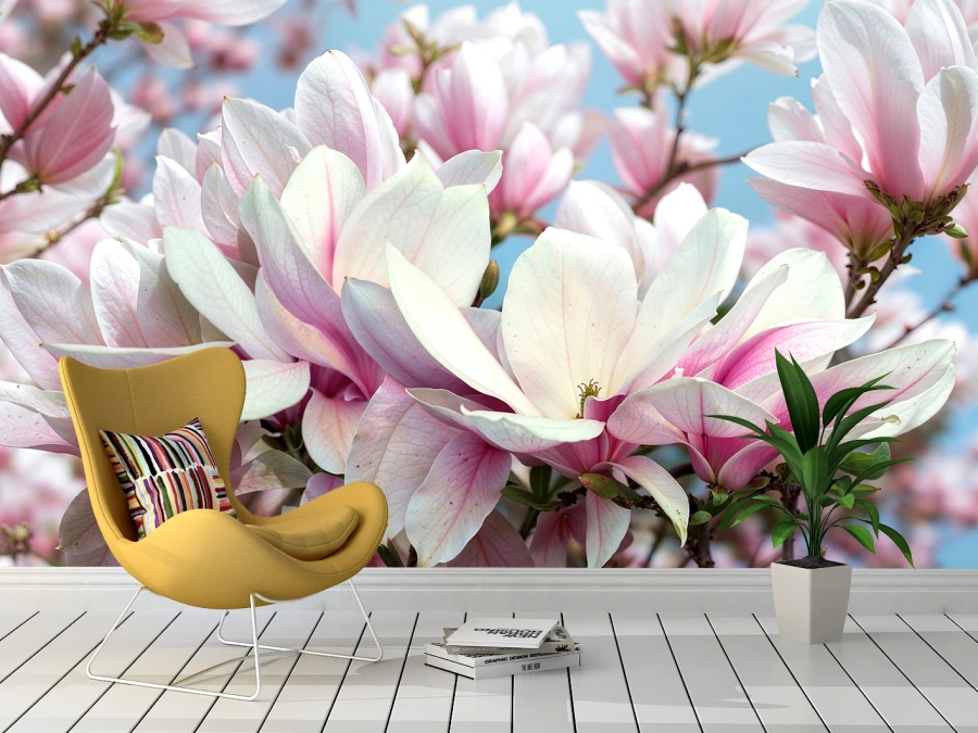 Magnolii roz delicate pe fundal ceresc. ✓ Adu prospețime și eleganță oricărui spațiu. Tapet pe perete.