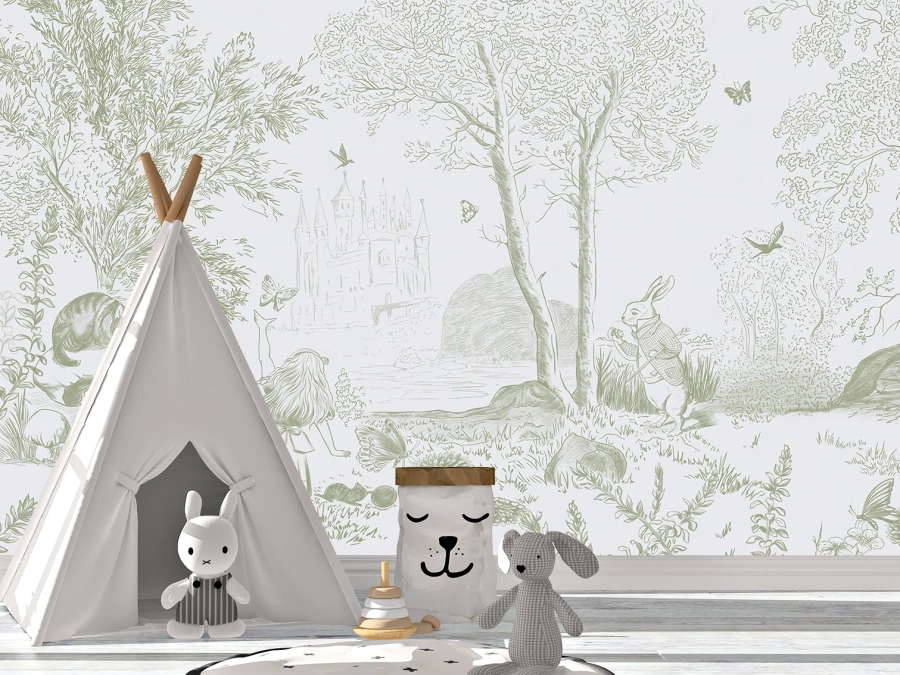 Fototapet pentru copii cu scenă de poveste, castele și personaje magice