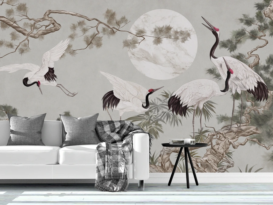 ✅ Fototapet elegant cu cocori și peisaj asiatic sub lună plină