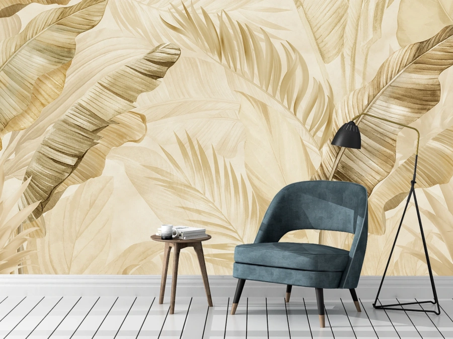 Frunze tropicale în tonuri bej calde. ✓ Adaugă un aer elegant și natural în living sau dormitor.
