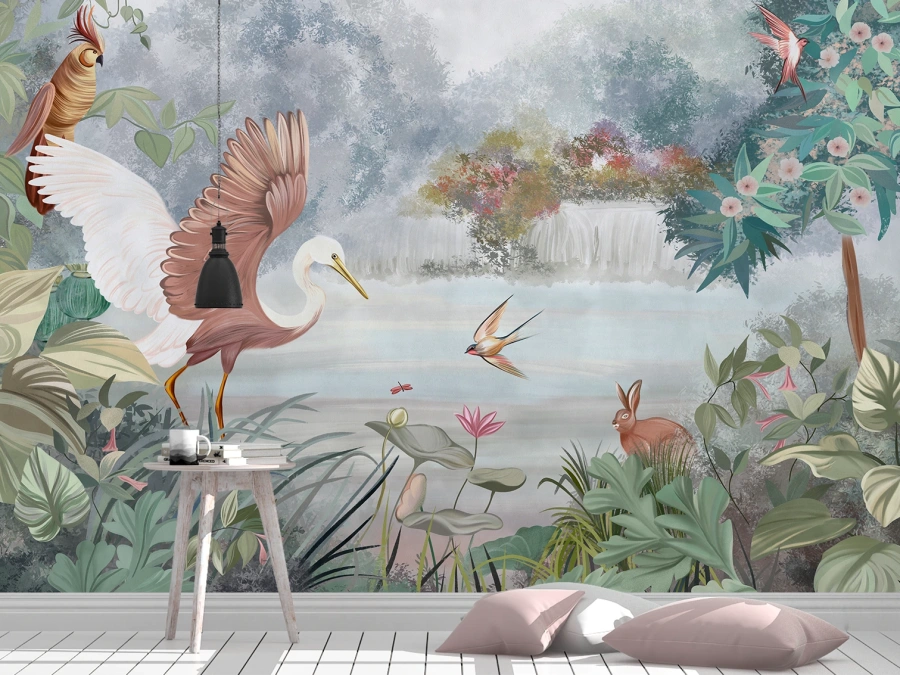 Fototapet natură cu păsări exotice și animale delicate. ✓ Ideal pentru dormitor sau living
