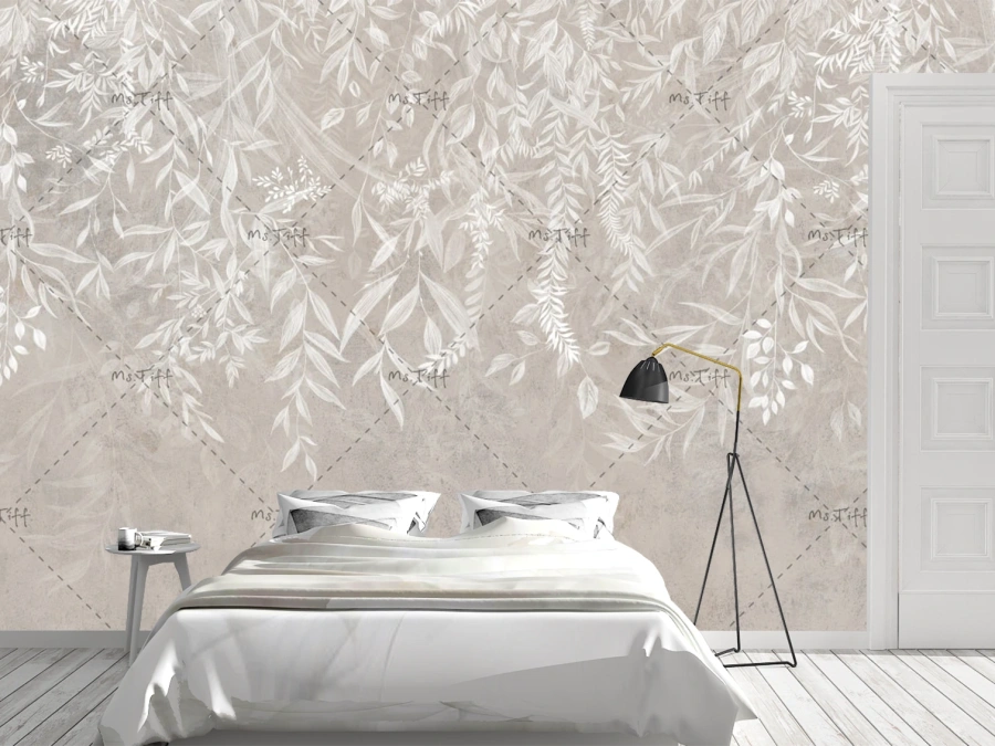 🌿 Tapet frunze albe pe perete cu fundal bej