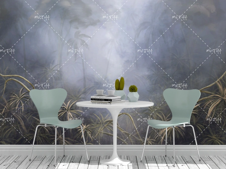 Fototapet junglă în ceață cu frunze tropicale. ✓ Design artistic și calmant. Tapet pe perete.