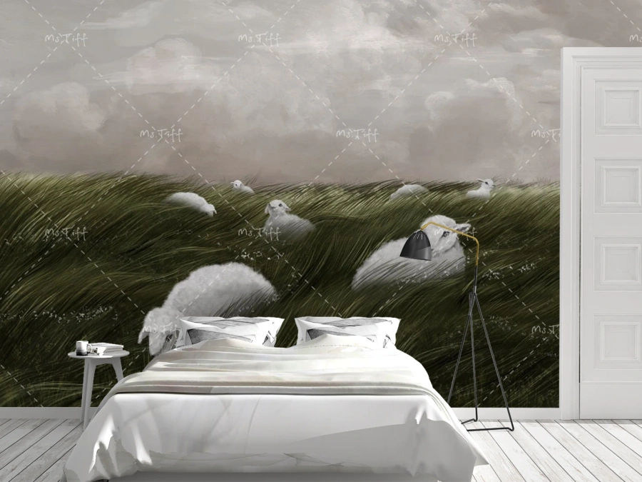 Tapet cu oi pe câmp verde sub cer noros. ✓ Creați un ambient calm și natural.