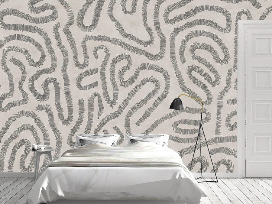 Fototapet gri cu linii negre organice, perfect pentru dormitor sau living modern. ✓ Textură elegantă și stil contemporan.