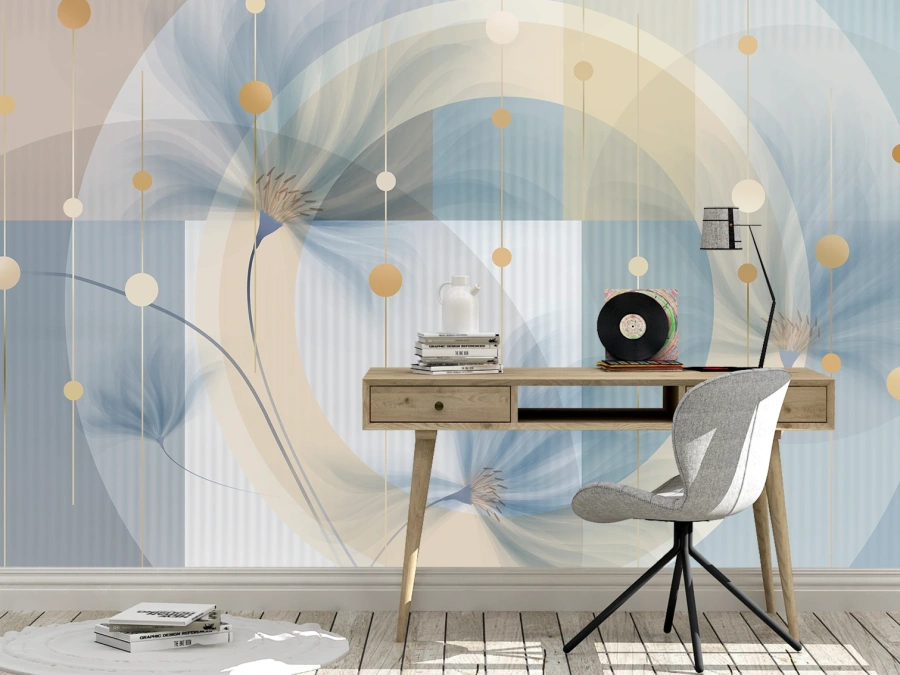 Tapet abstract cu tonuri de albastru și bej. ✓ Design modern și echilibrat pentru interior elegant.